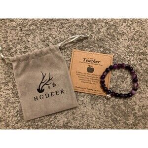 HGDEER Purple Amulet Natural Stone Teacher Heart Bracelet NWOT Storage Bag